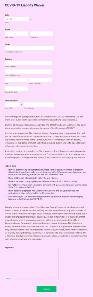 Makeup, Lashes And Brow Services COVID 19 Liability Waiver Form Template