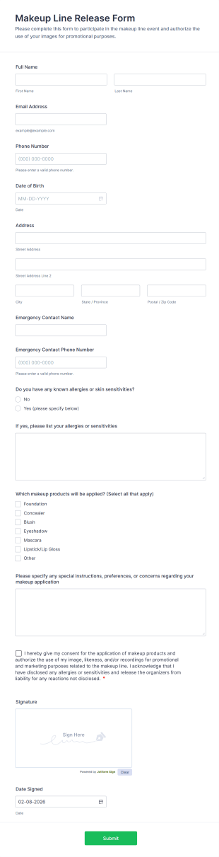 Makeup Line Release Form Template