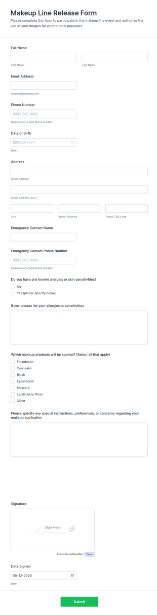 Makeup Line Release Form Template