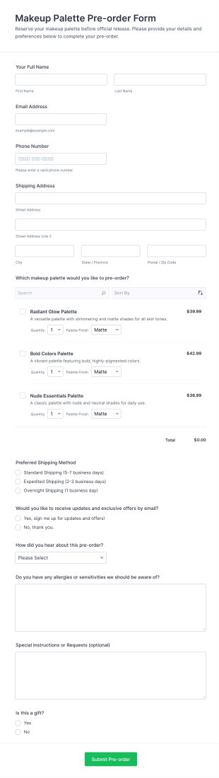 Makeup Palette Pre Order Form Template