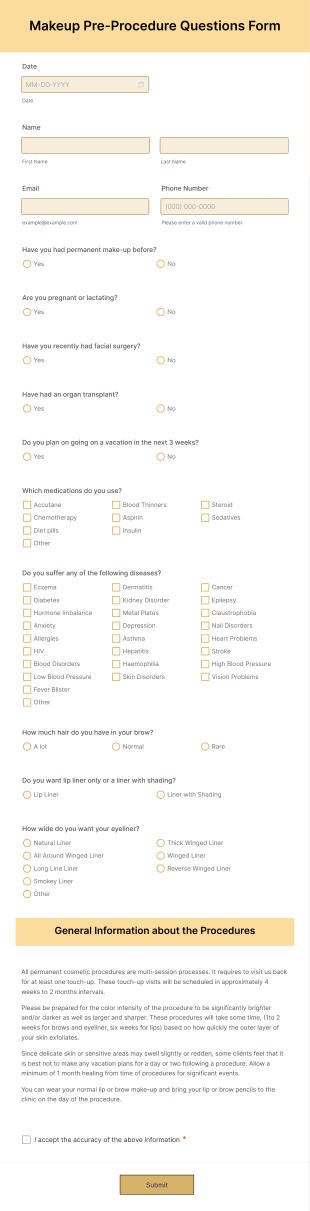 Makeup Pre Procedure Questionnaire Form Template