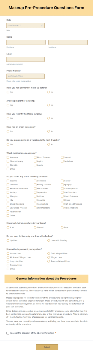 Makeup Pre Procedure Questionnaire Form Template
