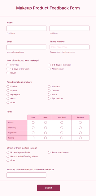 Makeup Product Feedback Form Template