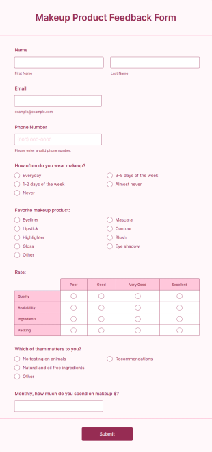 Makeup Product Feedback Form Template