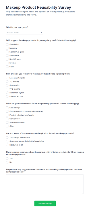 Makeup Product Reusability Survey Form Template