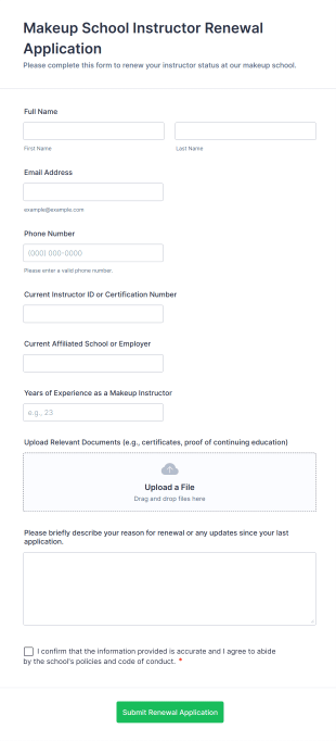 Makeup School Instructor Renewal Application Form Template