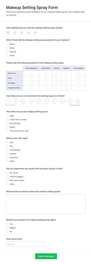 Makeup Setting Spray Survey Form Template | Jotform