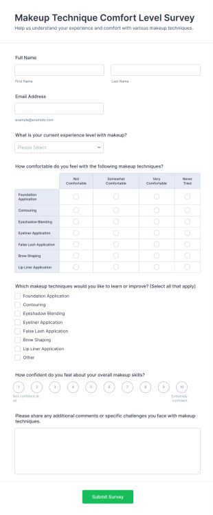 Makeup Technique Comfort Level Survey Form Template