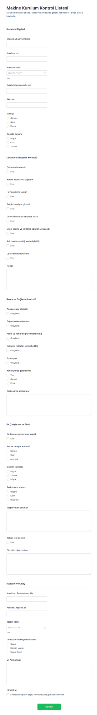 Makine Kurulum Kontrol Listesi Form Şablonu