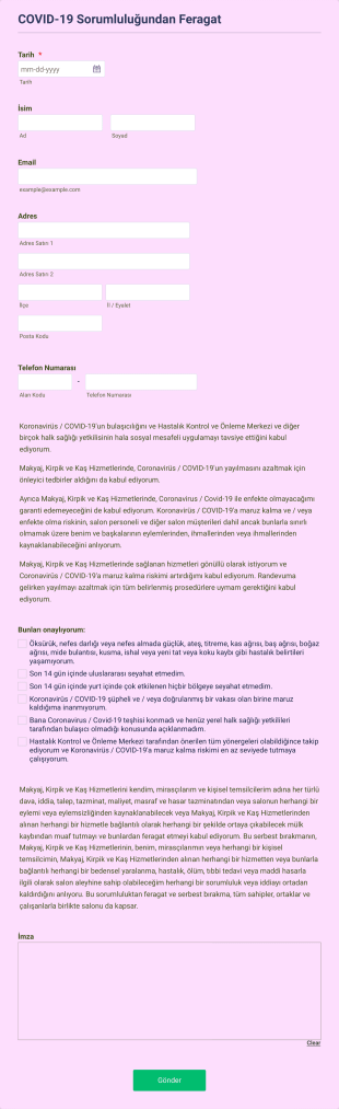 Makyaj, Kirpik Ve Kaş Hizmetlerinde COVID 19 Sorumluluğundan Feragat Form Template