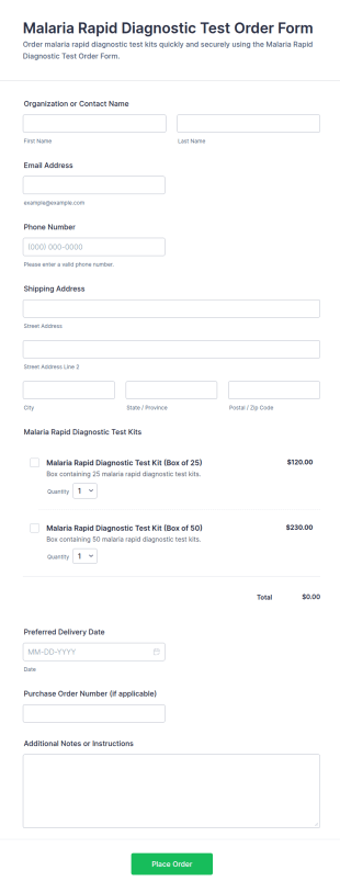 Malaria Rapid Diagnostic Test Order Form Template