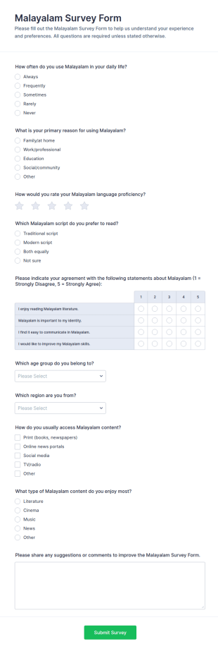 Malayalam Survey Form Template