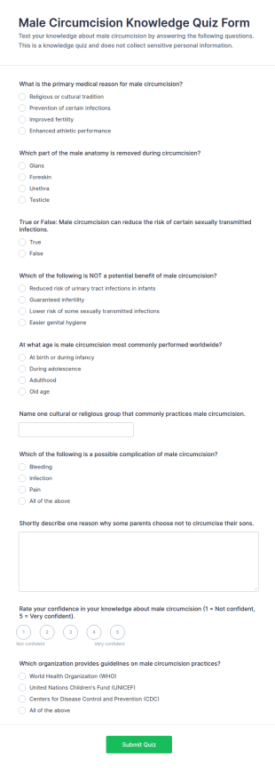 Male Circumcision Knowledge Quiz Form Template