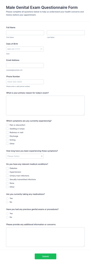 Male Genital Exam Questionnaire Form Template