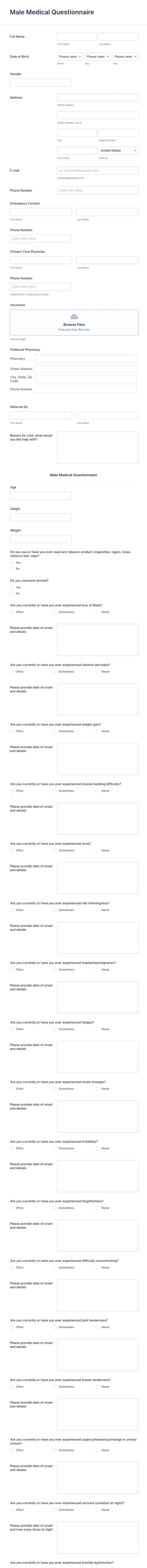 Male Medical Questionnaire Form Template