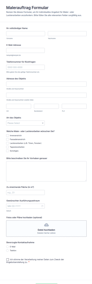 Maleranfrage Formular