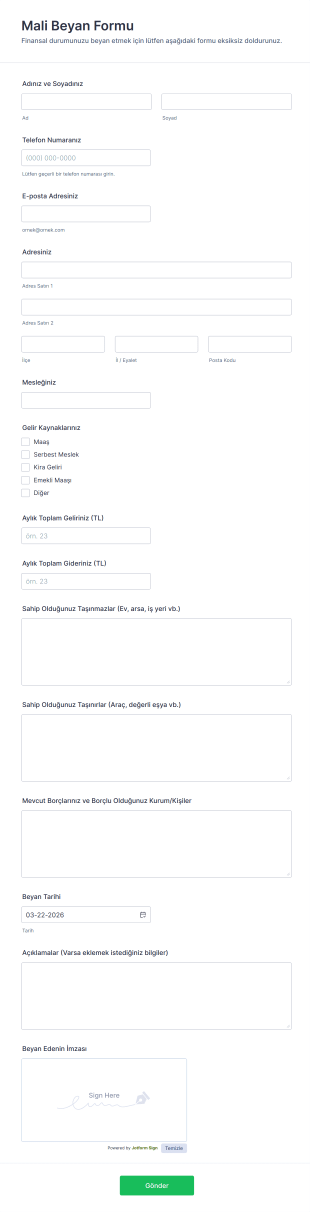 Mali Beyan Form Şablonu