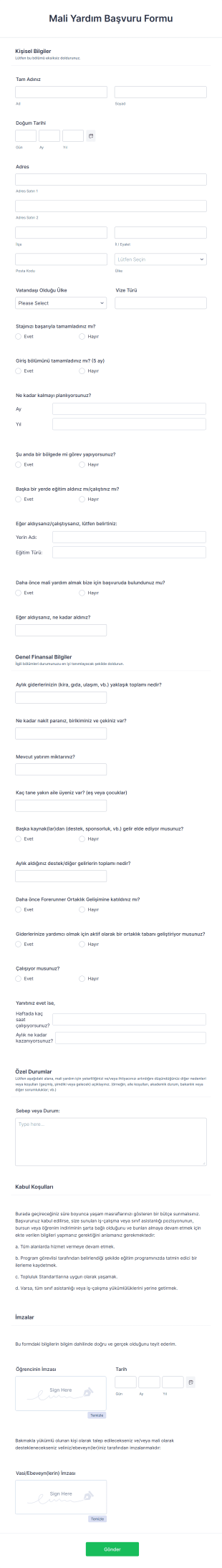 Mali Yardım Başvuru Form Şablonu