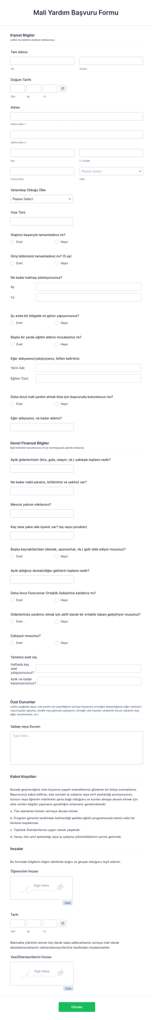 Mali Yardım Başvuru Form Şablonu