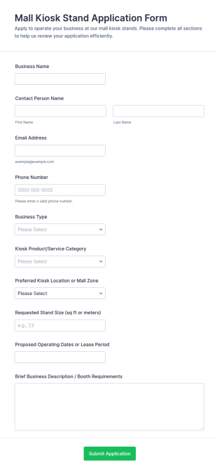 Mall Kiosk Stand Application Form Template