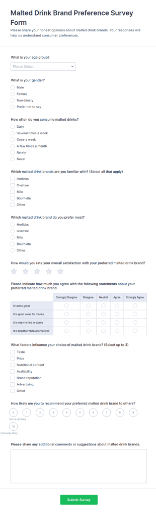 Malted Drink Brand Preference Survey Form Template