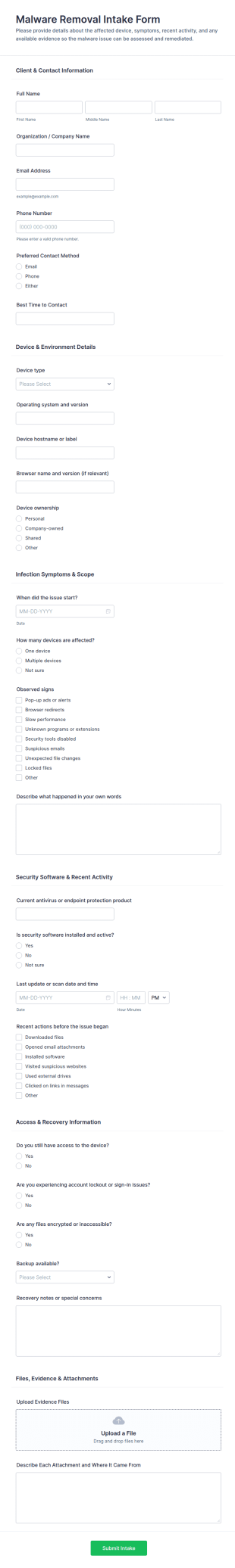 Malware Removal Intake Form Template