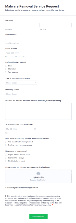 Malware Removal Service Request Form Template