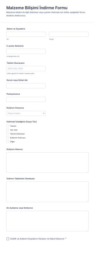 Malzeme Enformatik İndirme Form Şablonu