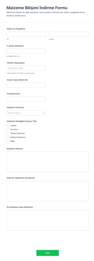 Malzeme Enformatik İndirme Form Şablonu