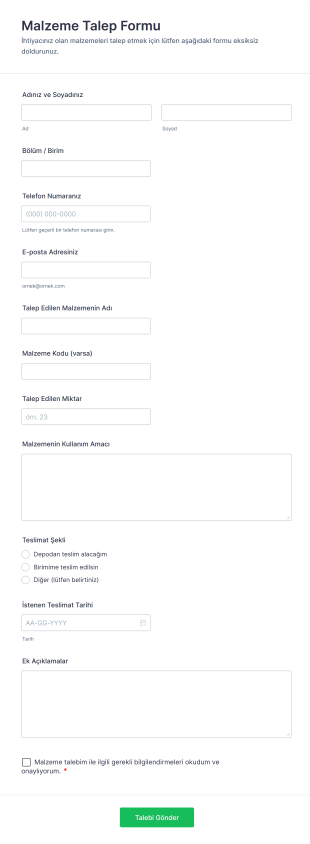 Malzeme Talep Form Şablonu