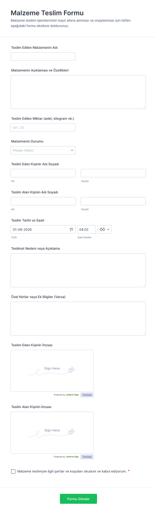 Malzeme Teslim Form Şablonu