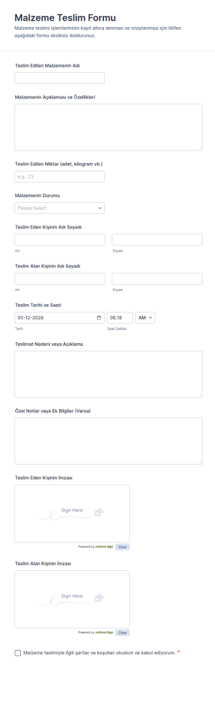 Malzeme Teslim Form Şablonu