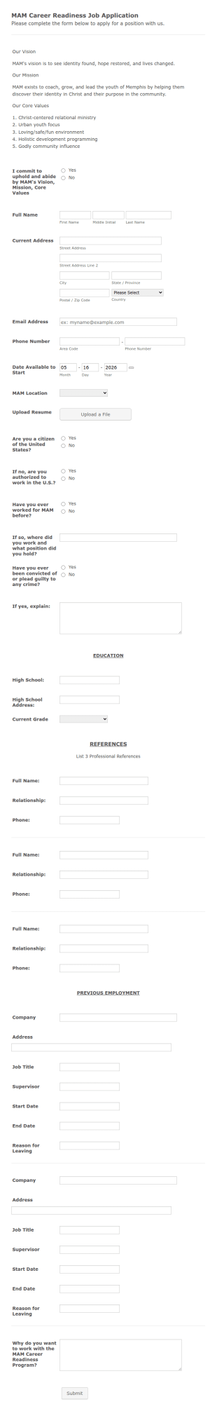 MAM Career Readiness Application Form Template