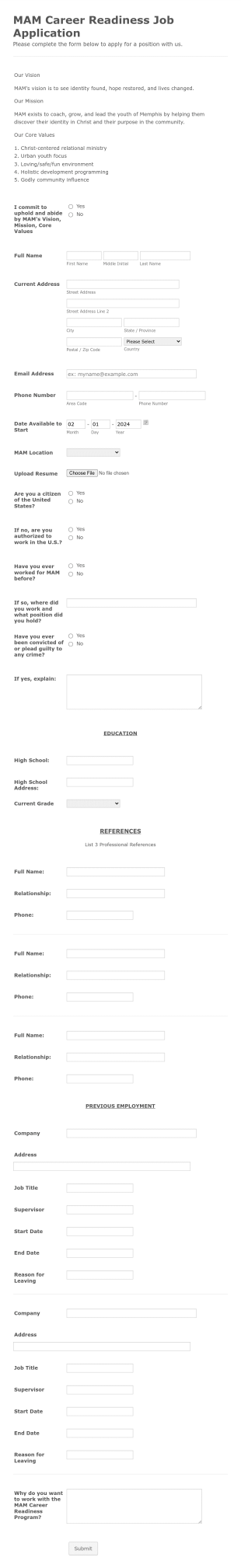 MAM Career Readiness Application Form Template
