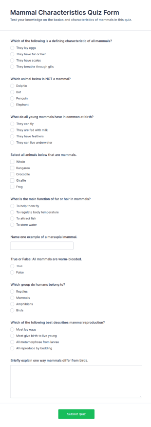 Mammal Characteristics Quiz Form Template