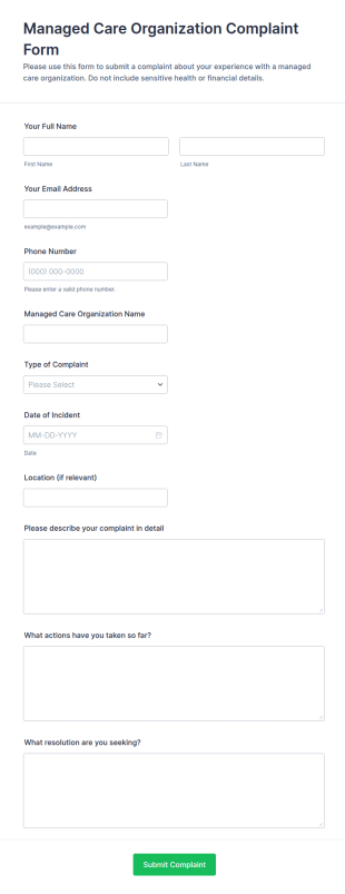 Managed Care Organization Complaint Form Template