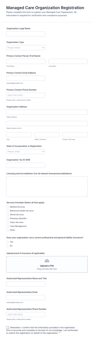 Managed Care Organization Registration Form Template