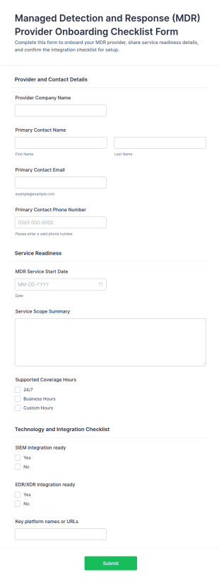 Managed Detection And Response (MDR) Provider Onboarding Checklist Form Template