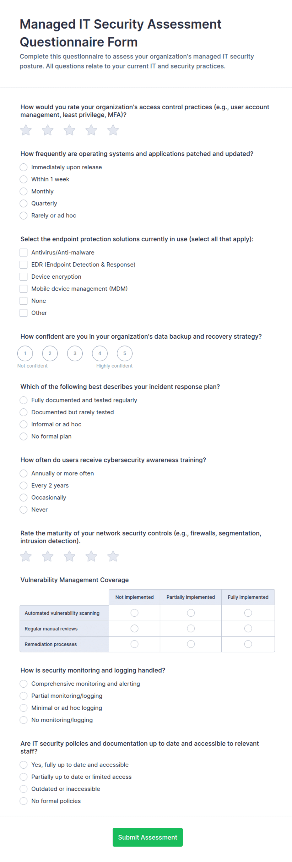 Managed IT Security Assessment Questionnaire Form Template | Jotform