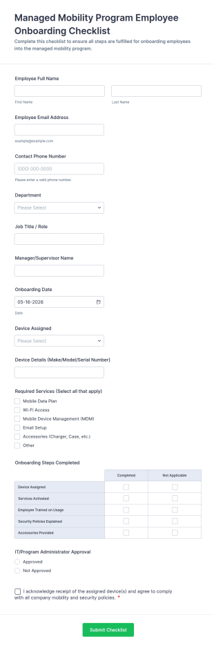 Managed Mobility Program Employee Onboarding Checklist Form Template