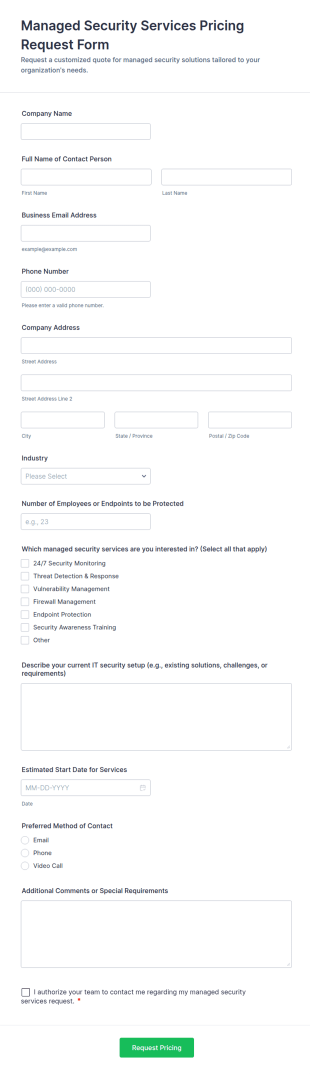 Managed Security Services Pricing Request Form Template