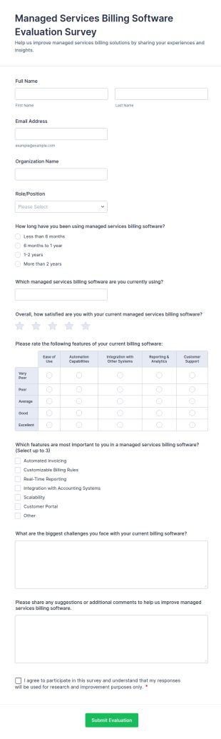 Managed Services Billing Software Evaluation Survey Form Template