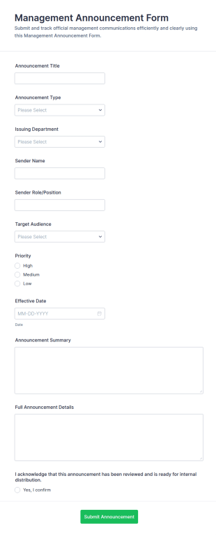 Management Announcement Form Template