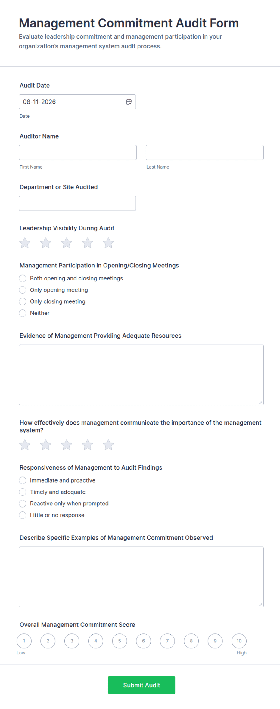 Management Commitment Audit Form Template | Jotform