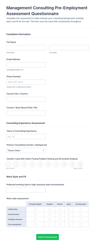 Management Consulting Pre Employment Assessment Questionnaire Form Template