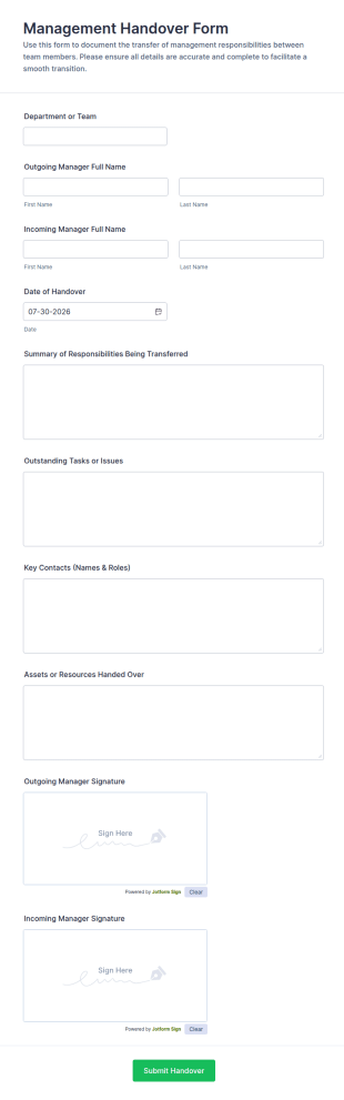 Management Handover Form Template