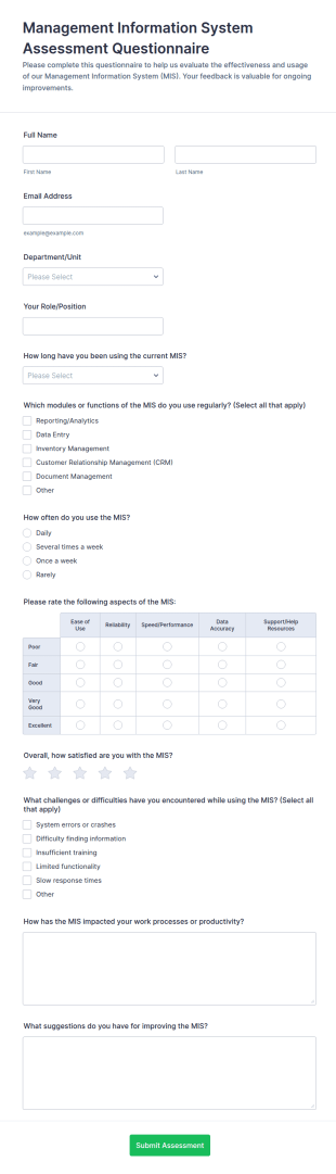 Management Information System Assessment Questionnaire Form Template
