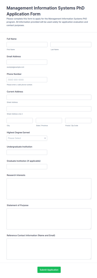 Management Information Systems PhD Application Form Template