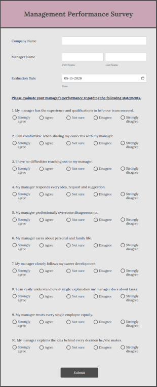 Management Performance Survey Form Template