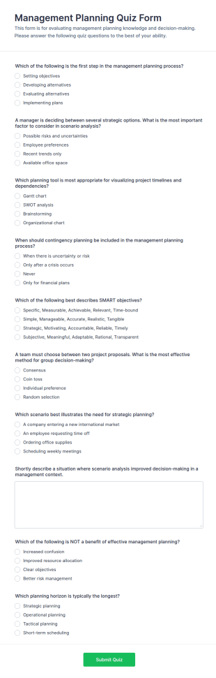 Management Planning Quiz Form Template